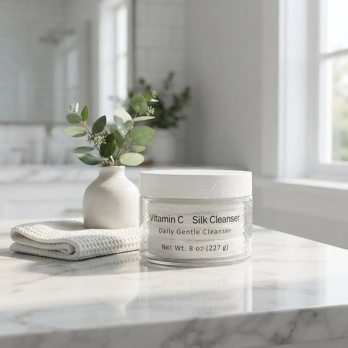 Vitamin C Silk Cleanser jar on a white marble bathroom vanity with eucalyptus and hand towel