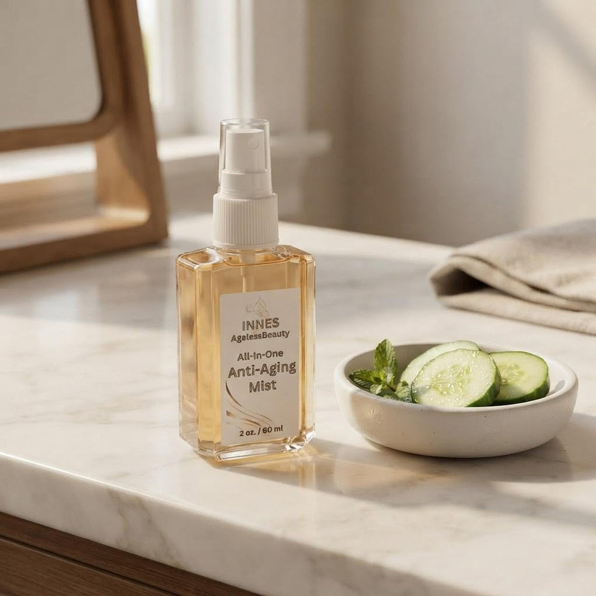 Innes Ageless Beauty botanical face mist bottle on a bright vanity table with fresh cucumber slices.