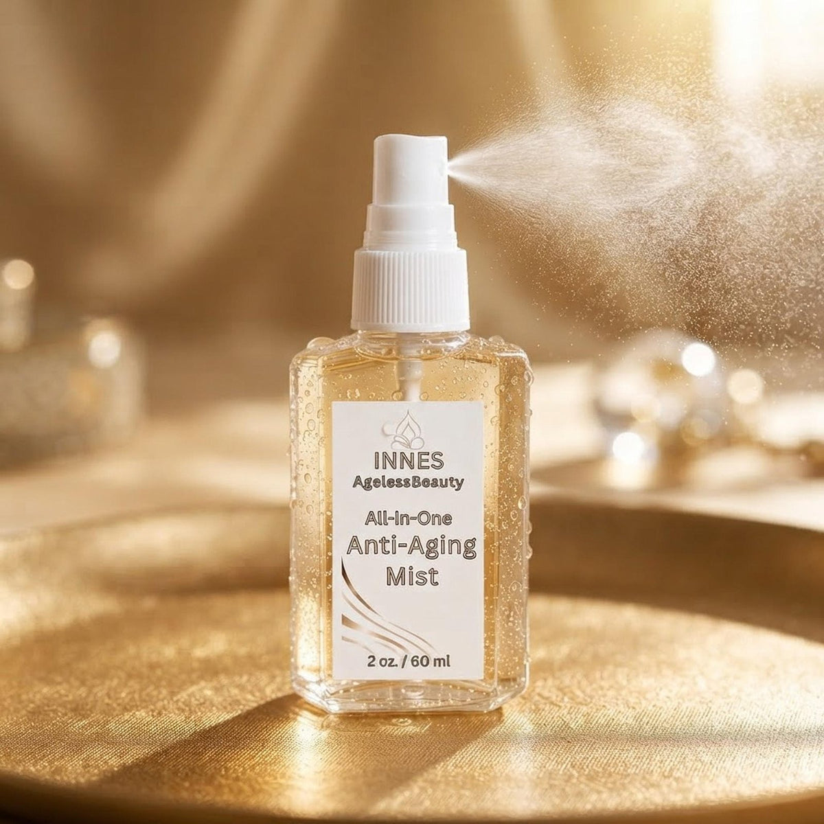 Macro view of the Innes Ageless Beauty face mist spraying a fine mist in front of a golden background.