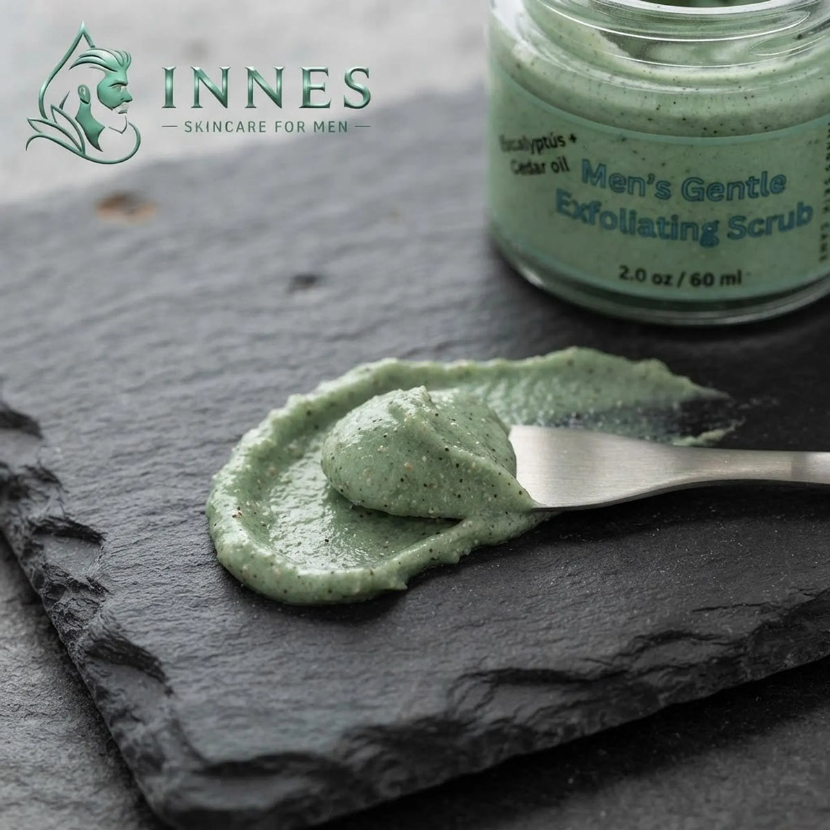 Macro shot of the green exfoliating face scrub showing its textured consistency.