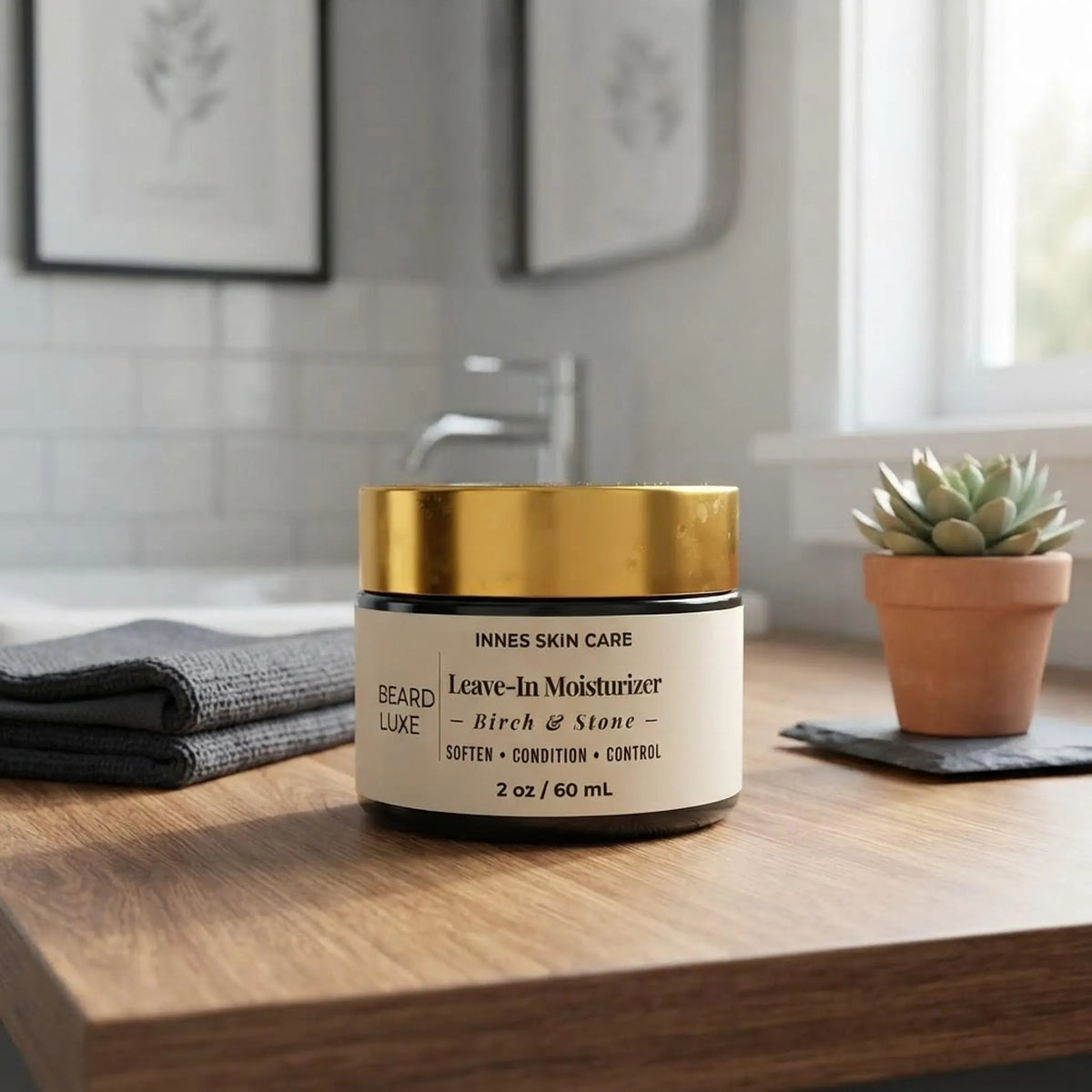 Beard Luxe leave-in moisturizer jar placed on a modern wooden vanity counter in a bright bathroom setting.