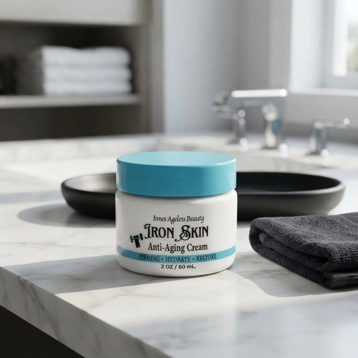 Iron Skin men's anti-aging cream jar displayed on a modern bathroom vanity next to a dark towel