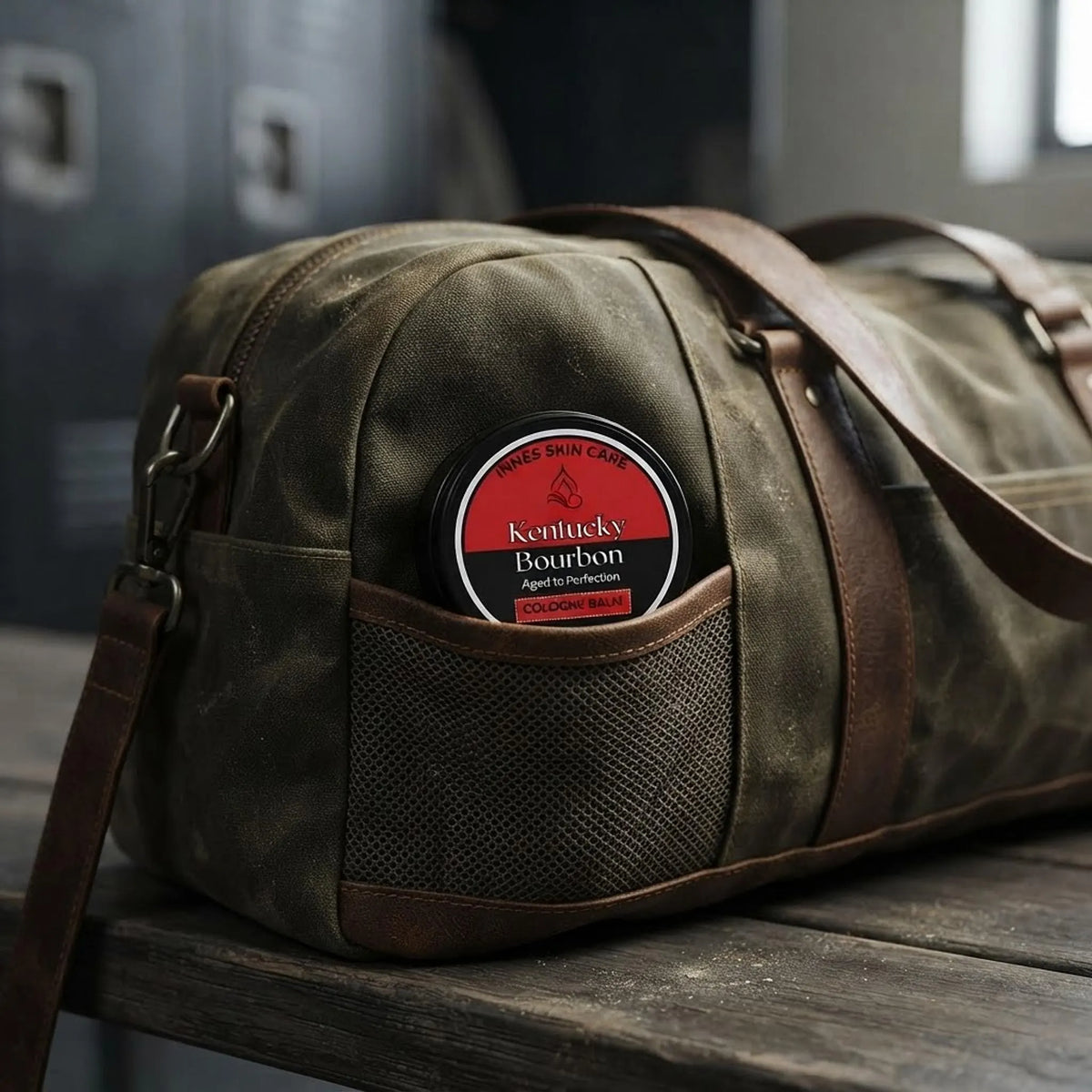 Kentucky Bourbon Cologne Balm jar placed inside a canvas and leather gym bag