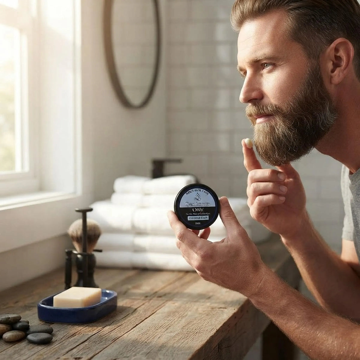 A man applying Gentleman Only beard and cologne balm in a sunlit modern bathroom.