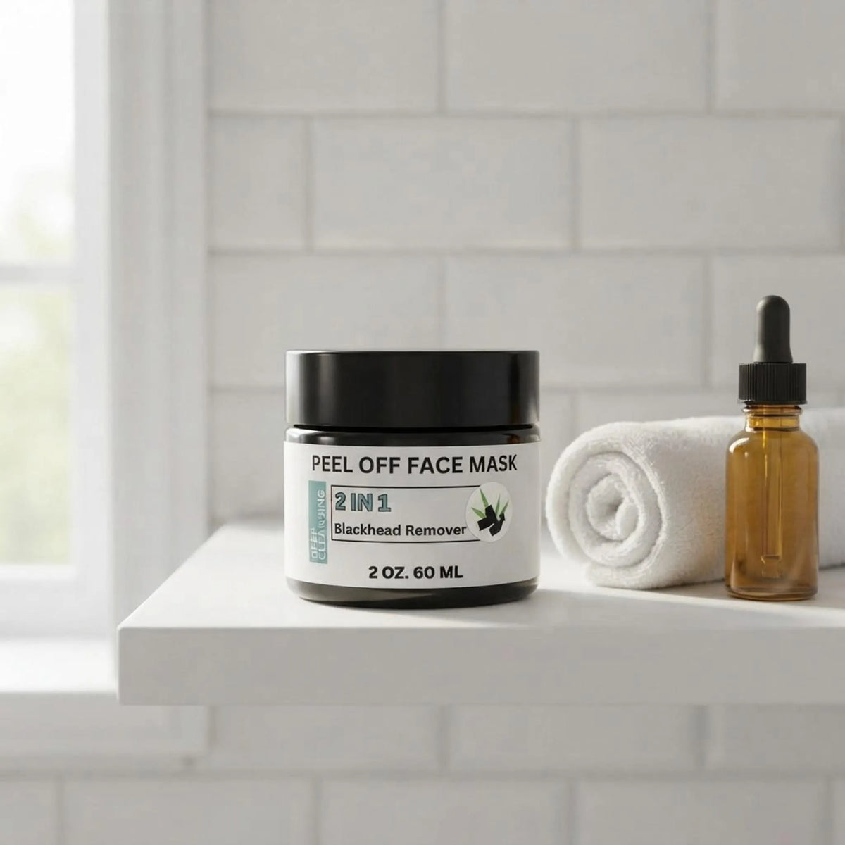 The 2 oz black face mask jar resting on a white bathroom shelf alongside a clean washcloth.