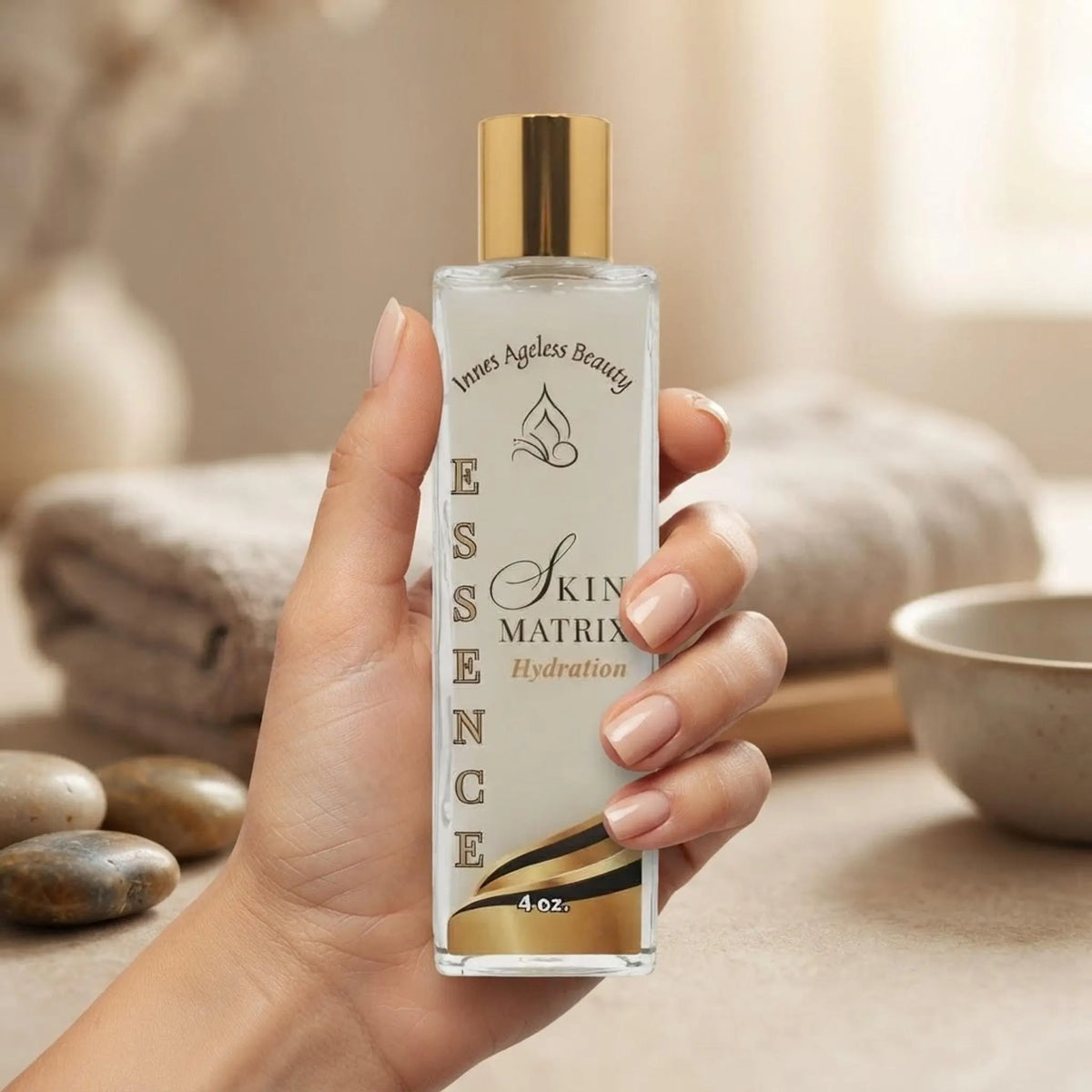 A hand holding the 4 oz Skin Matrix Hydration Essence bottle to show size and scale.