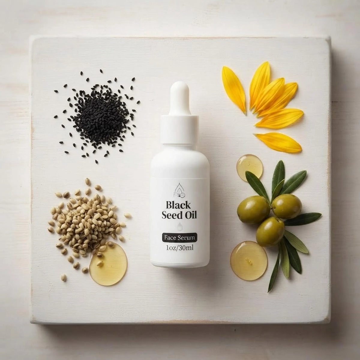 Black Seed Oil bottle arranged flat lay style with natural botanical ingredients.