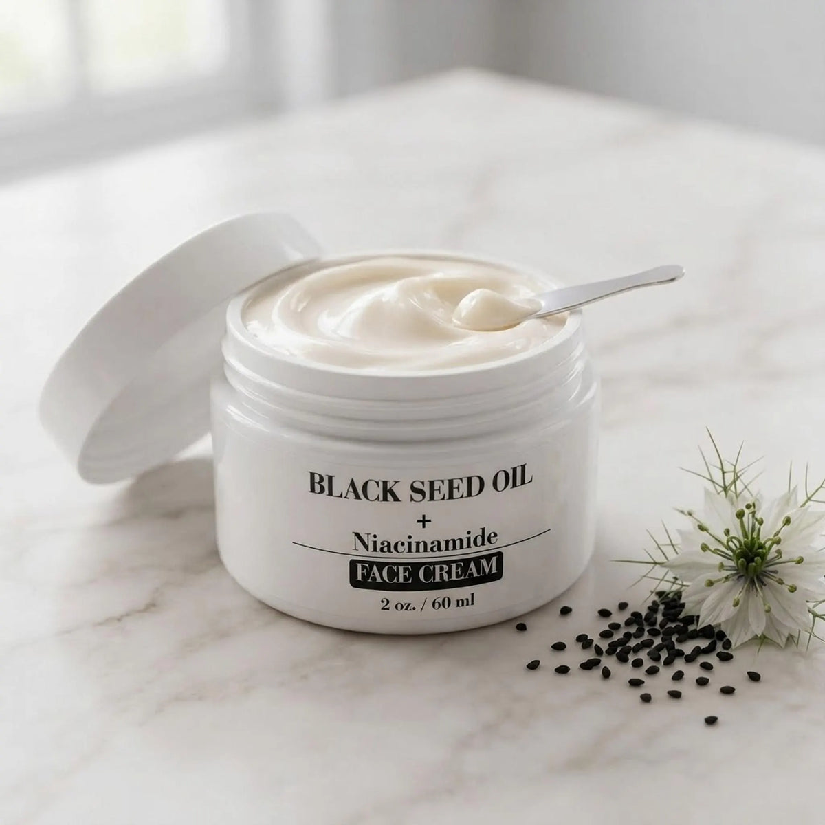 Close-up view of the open cream jar revealing the rich texture of the face cream.