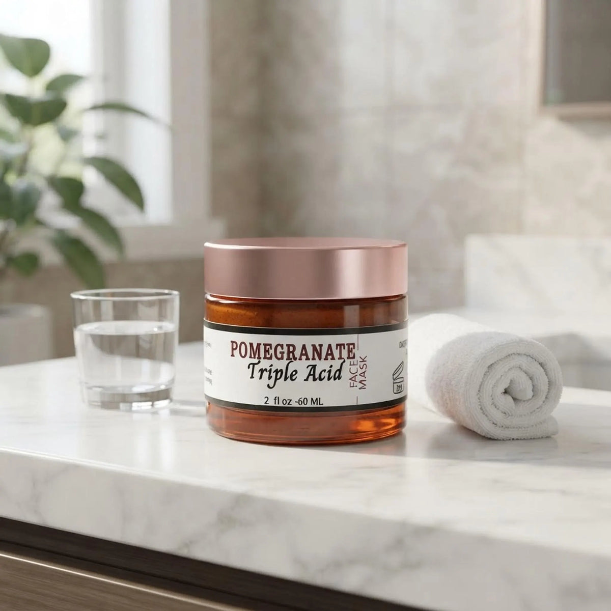 Pomegranate Triple Acid Face Mask jar resting on a bright marble bathroom counter with a white washcloth