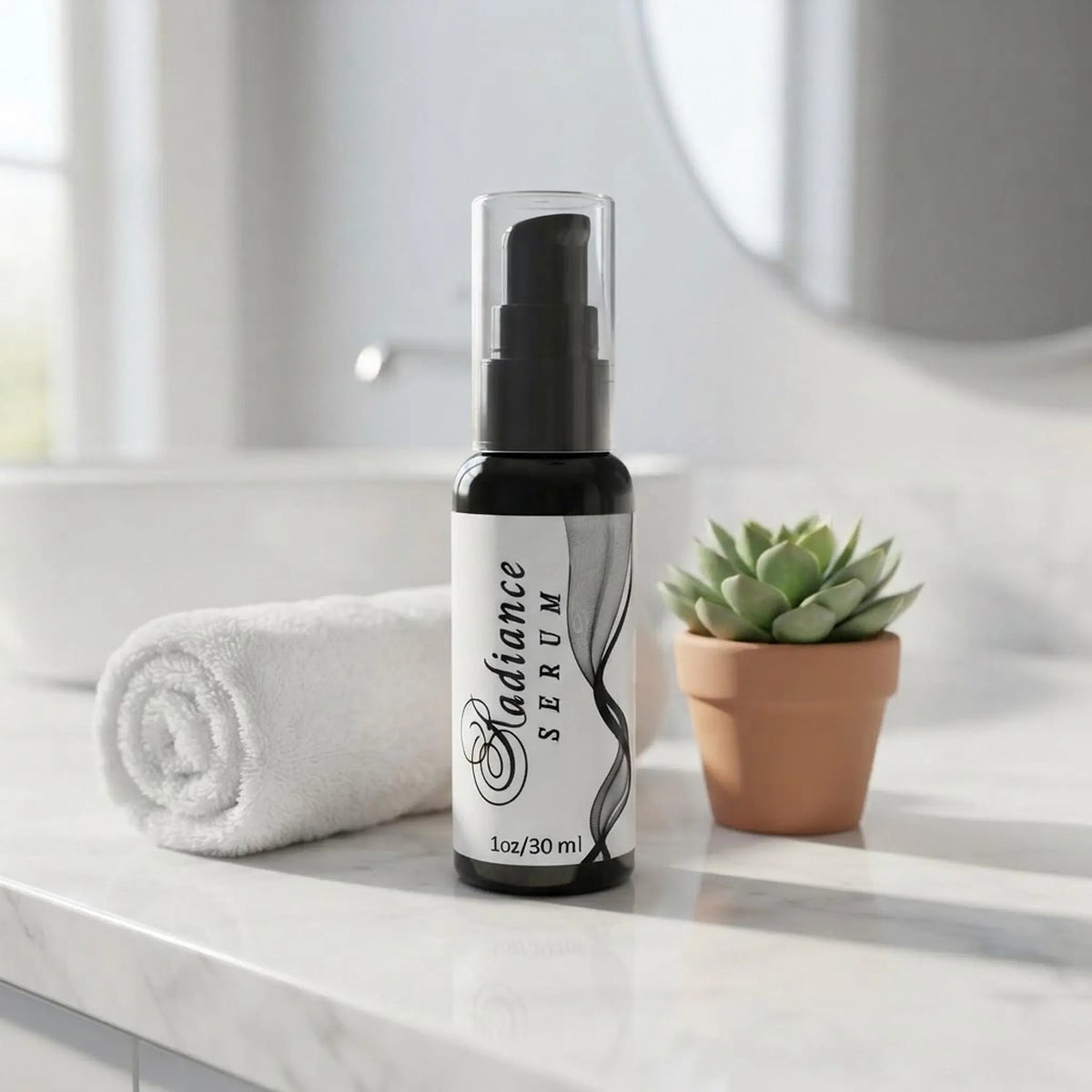 Innes Ageless Beauty Radiance Face Serum bottle on a marble vanity with a rolled towel and plant in a bright bathroom setting.