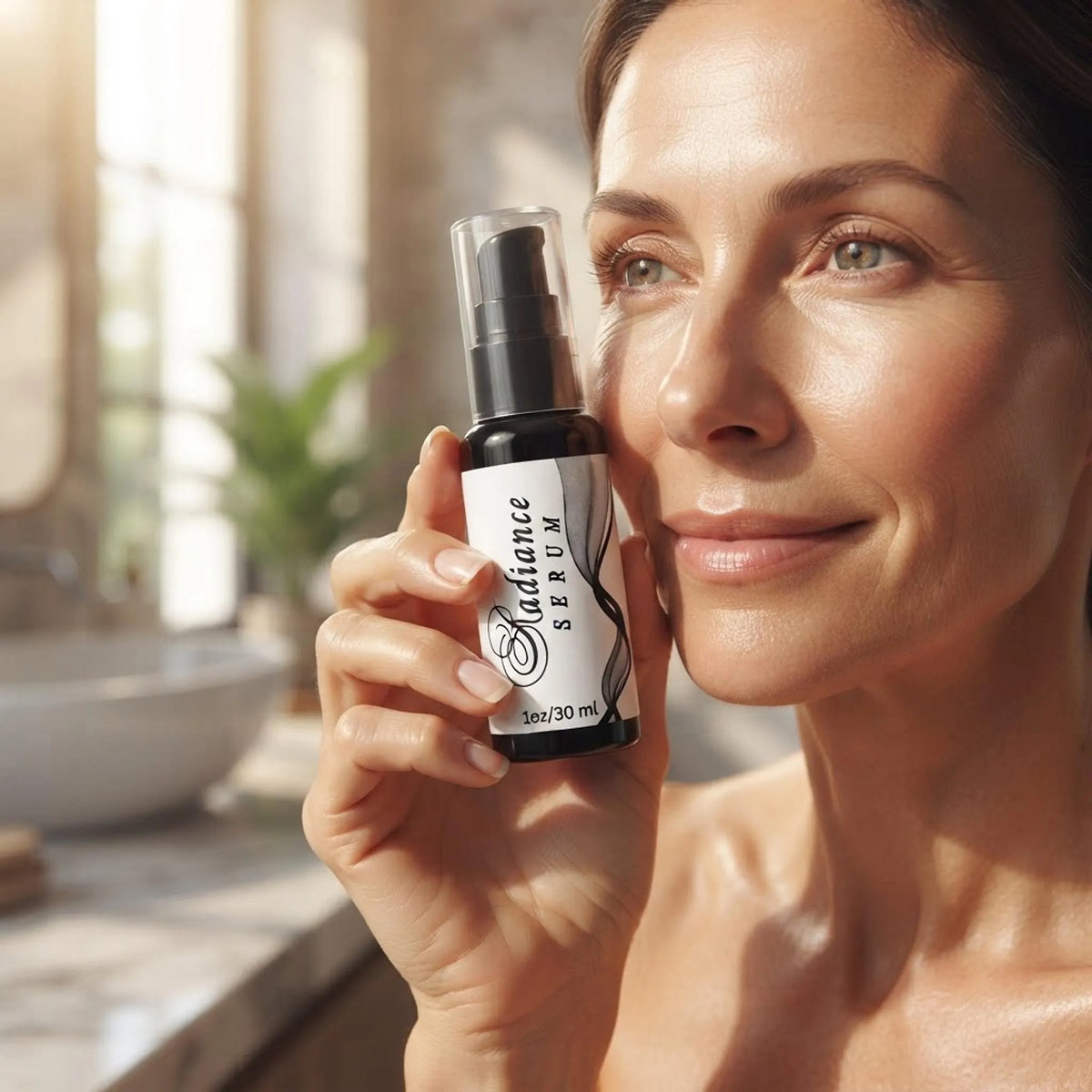 Woman holding the Radiance Serum bottle near her cheek, showing product scale and natural glowing skin.