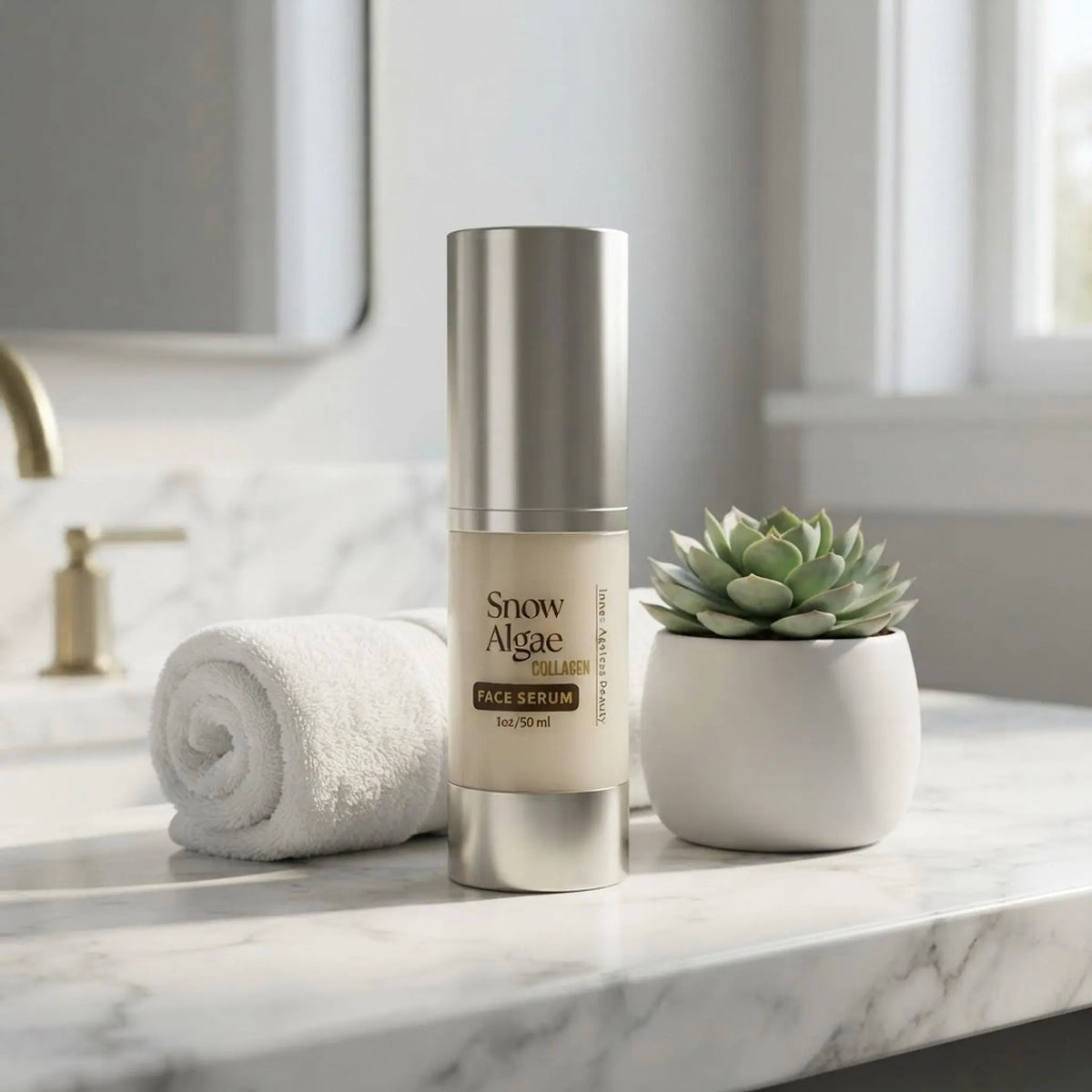 Snow Algae Collagen Face Serum on a marble bathroom vanity next to a white towel and green plant in natural morning light