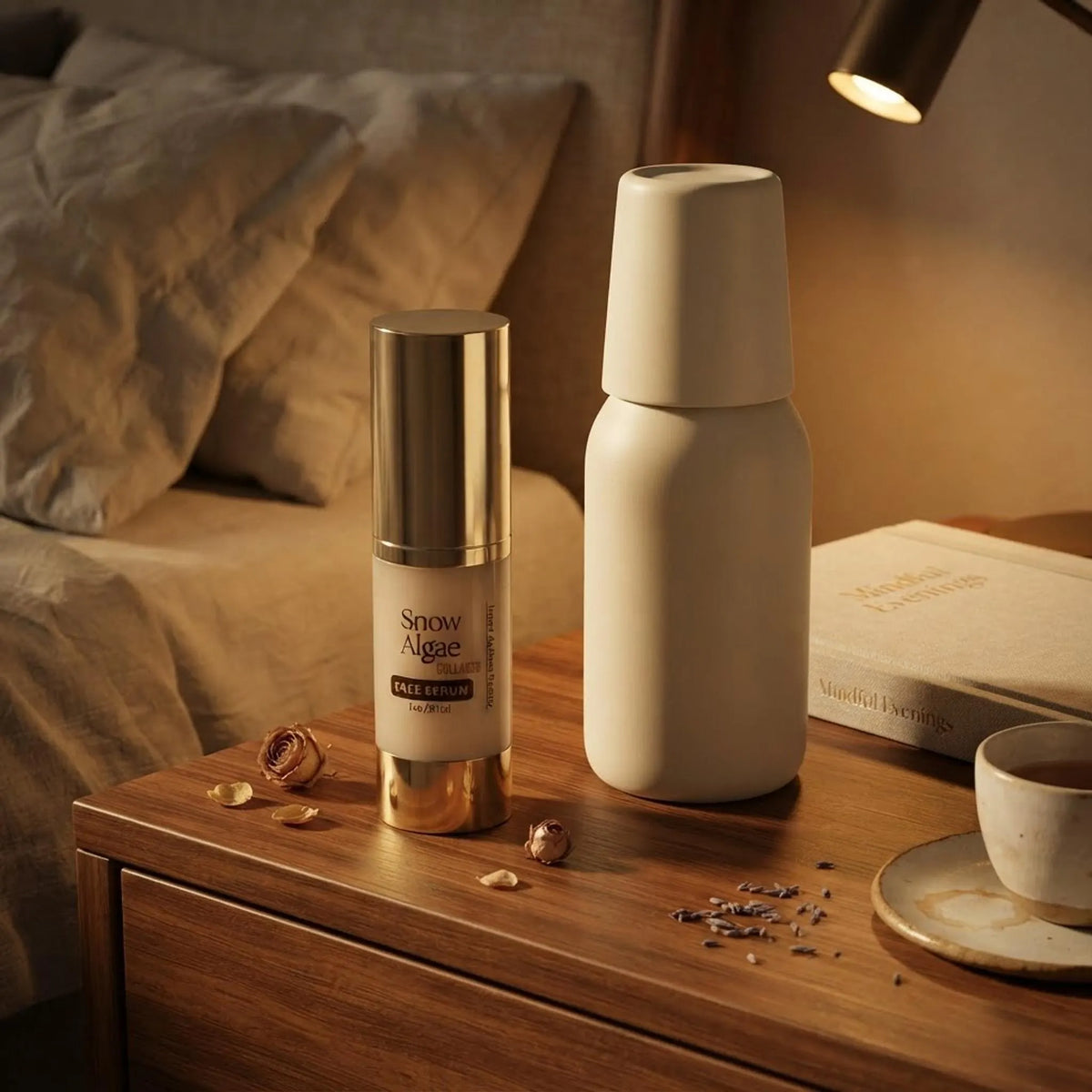 Snow Algae Collagen Face Serum bottle styled on a wooden nightstand next to a water carafe and book for an evening skincare routine