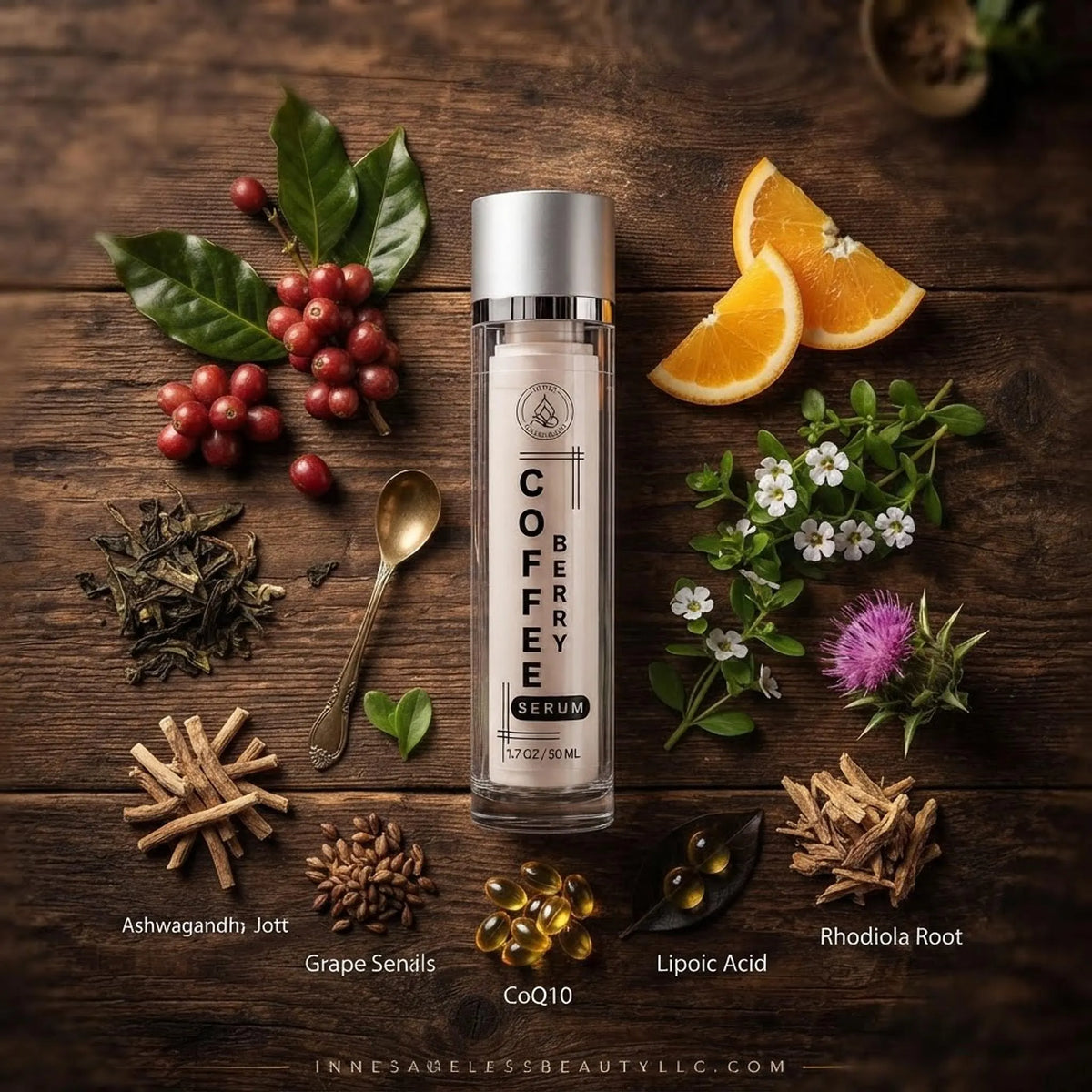Innes Ageless Beauty Coffee Berry Serum bottle surrounded by fresh coffee berries and botanicals on wood