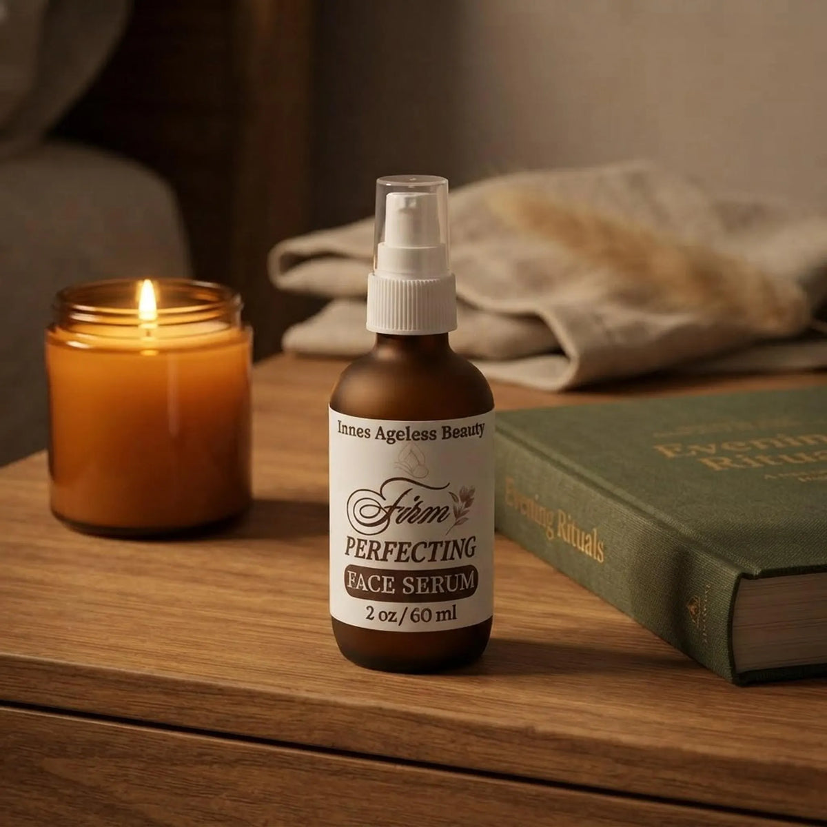 Innes Ageless Beauty face serum bottle on a wooden nightstand with warm evening lighting