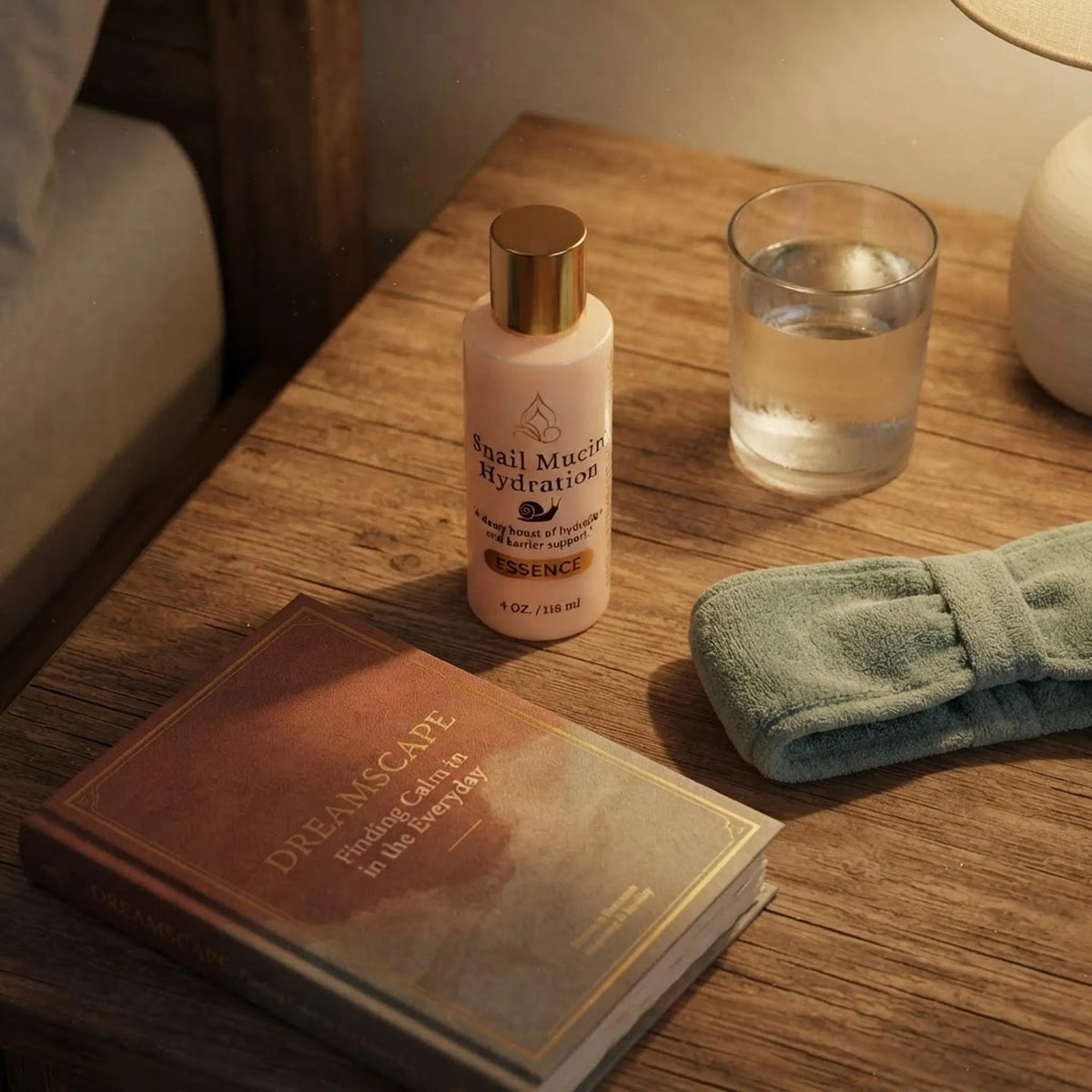 Snail Mucin Hydration Essence bottle displayed on a wooden nightstand for an evening skincare routine flat lay.