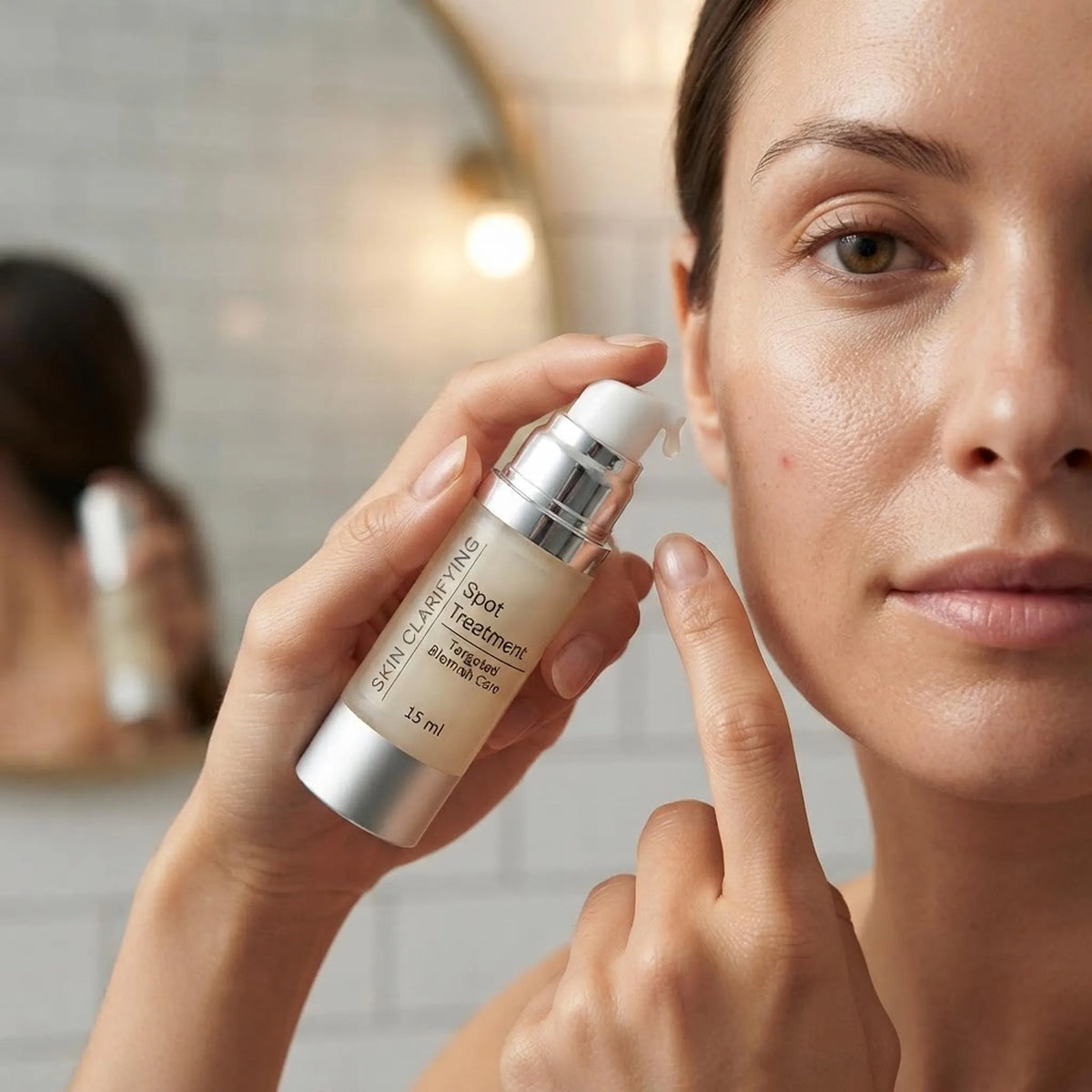Person applying the Skin Clarifying Spot Treatment onto their cheek as part of a daily routine