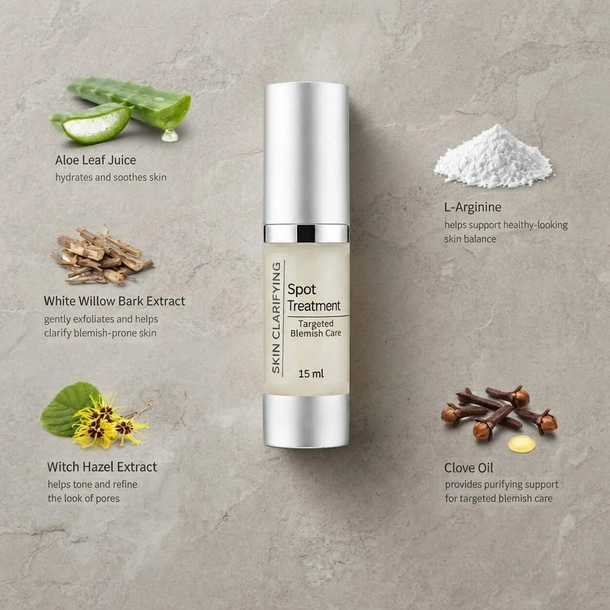 Flat lay of the spot treatment bottle surrounded by natural ingredients like aloe and witch hazel