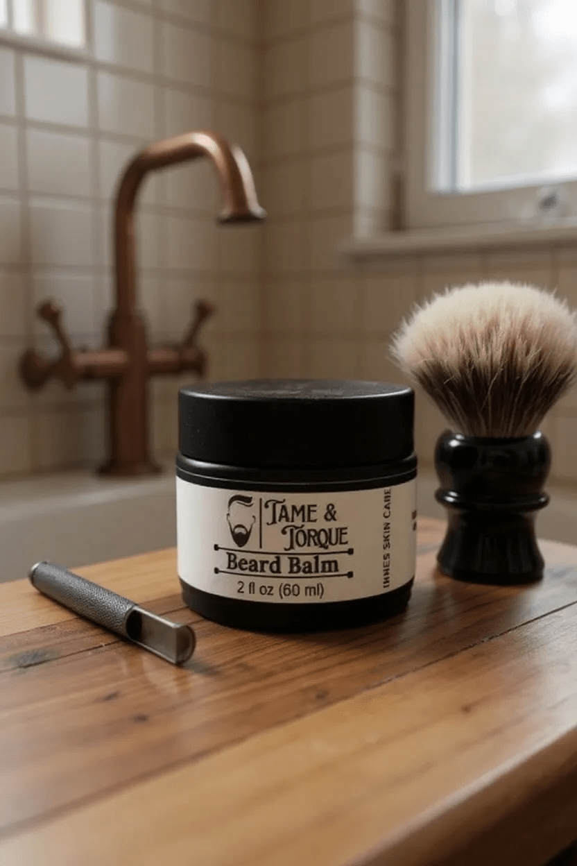 Tame and Torque Beard Balm texture close-up by Innes Ageless Beauty.