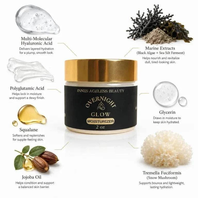Overnight Glow Moisturizer in a black jar with a gold lid, surrounded by ingredient callouts and botanical extracts