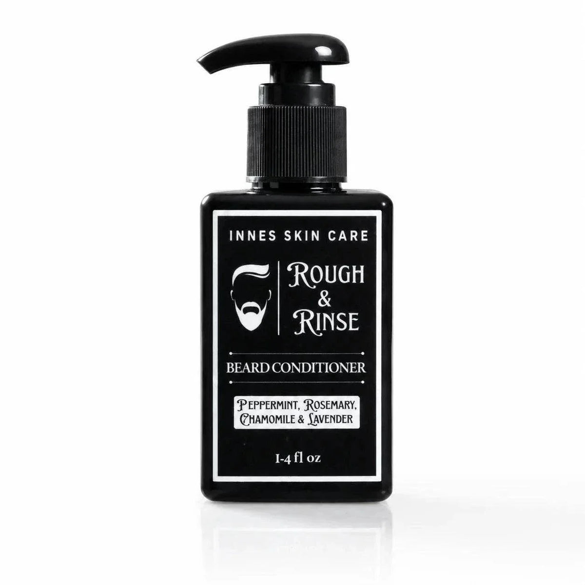 Rough & Rinse Beard Conditioner in a black pump bottle with white label and beard icon