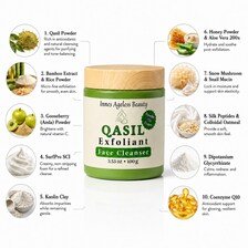 Innes Ageless Beauty Qasil Exfoliant Face Cleanser with qasil powder, bamboo extract, gooseberry, rice powder, silk peptides, kaolin clay, honey, aloe vera, snail mucin, pumpkin seed oil, peptides and Coenzyme Q10