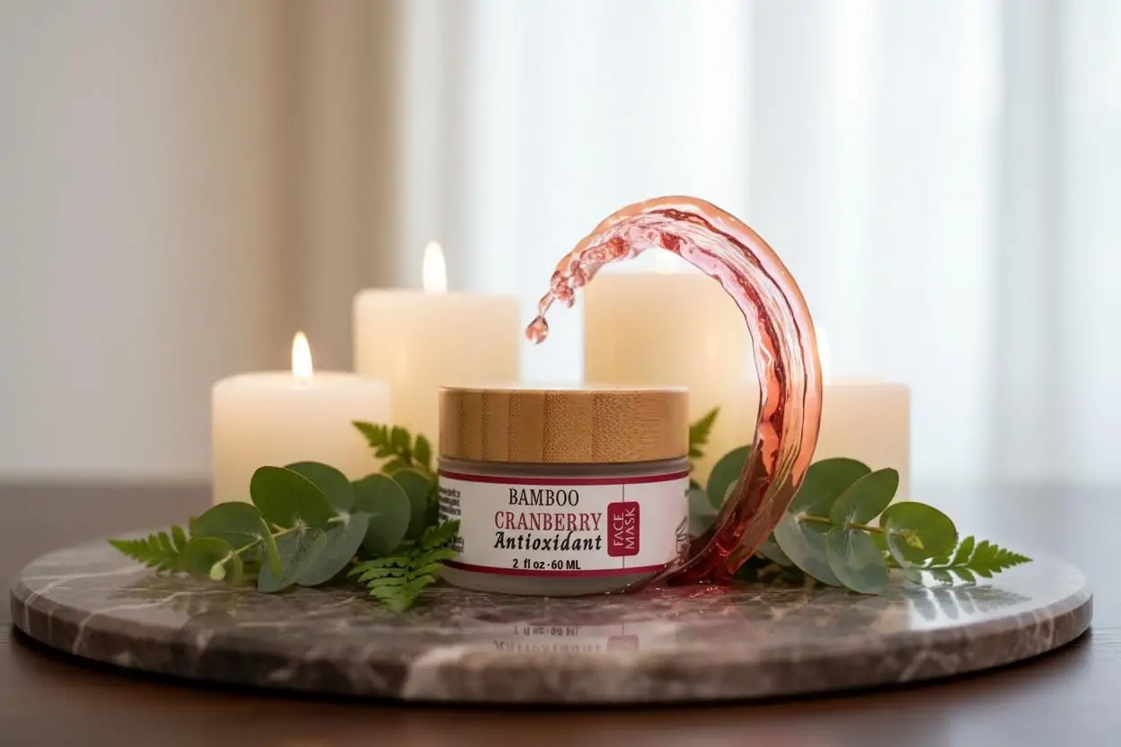 Innes Ageless Beauty Bamboo Cranberry Antioxidant Face Mask displayed on a marble tray with eucalyptus leaves, candles and a cranberry-colored splash