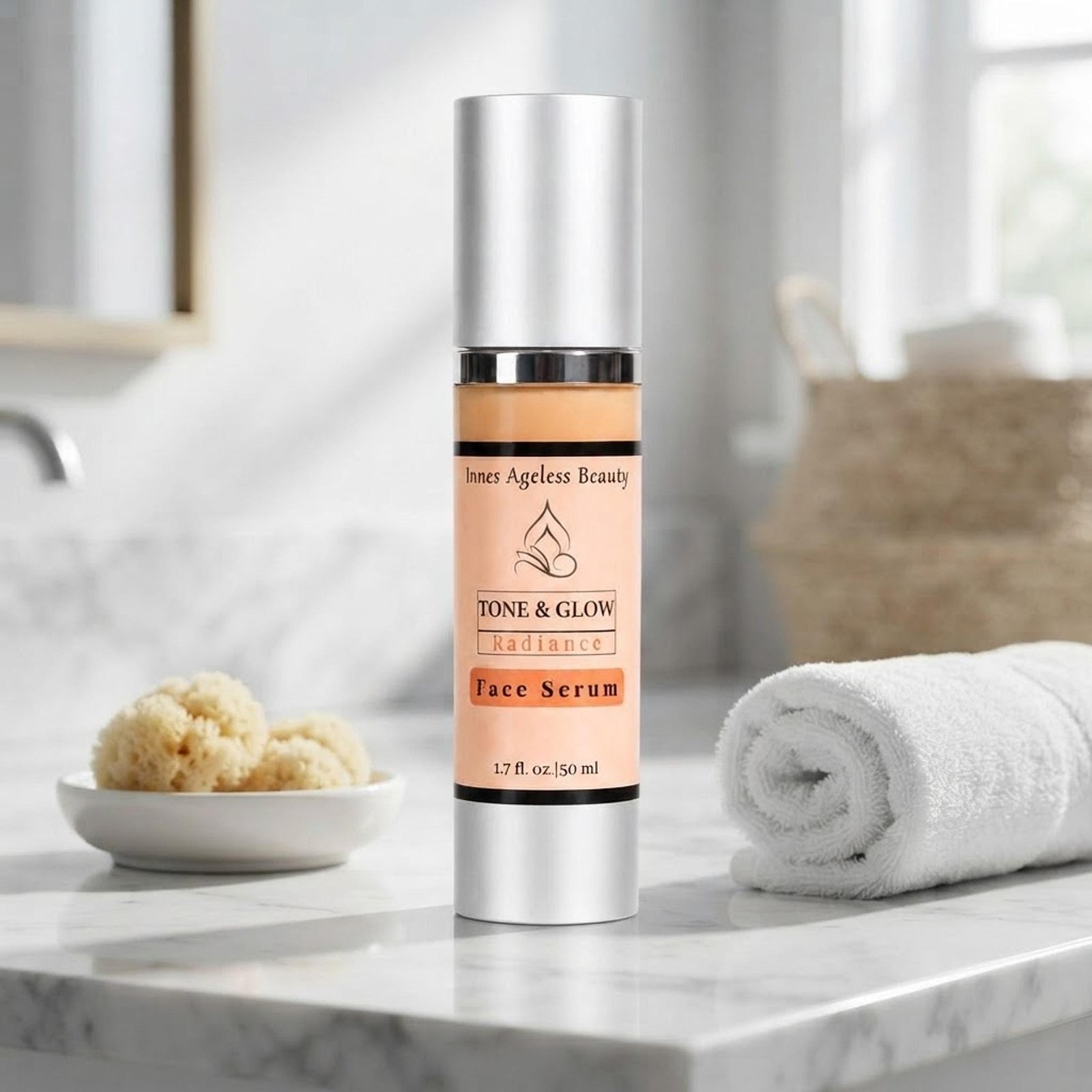 Innes Ageless Beauty Tone and Glow Radiance Face Serum bottle on a marble bathroom vanity with white towel and ceramic dish