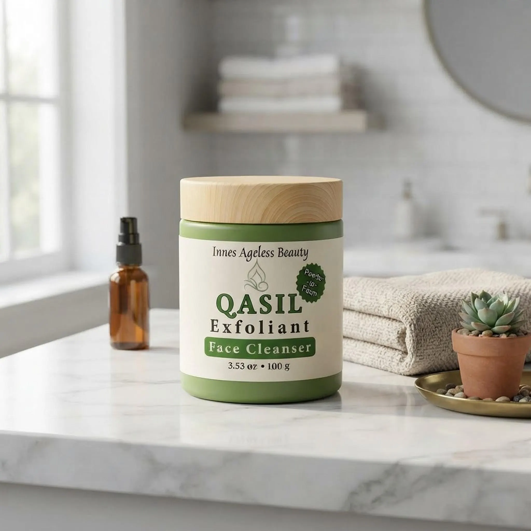 Innes Ageless Beauty Qasil Exfoliant Face Cleanser jar on a modern marble bathroom vanity with neutral towel