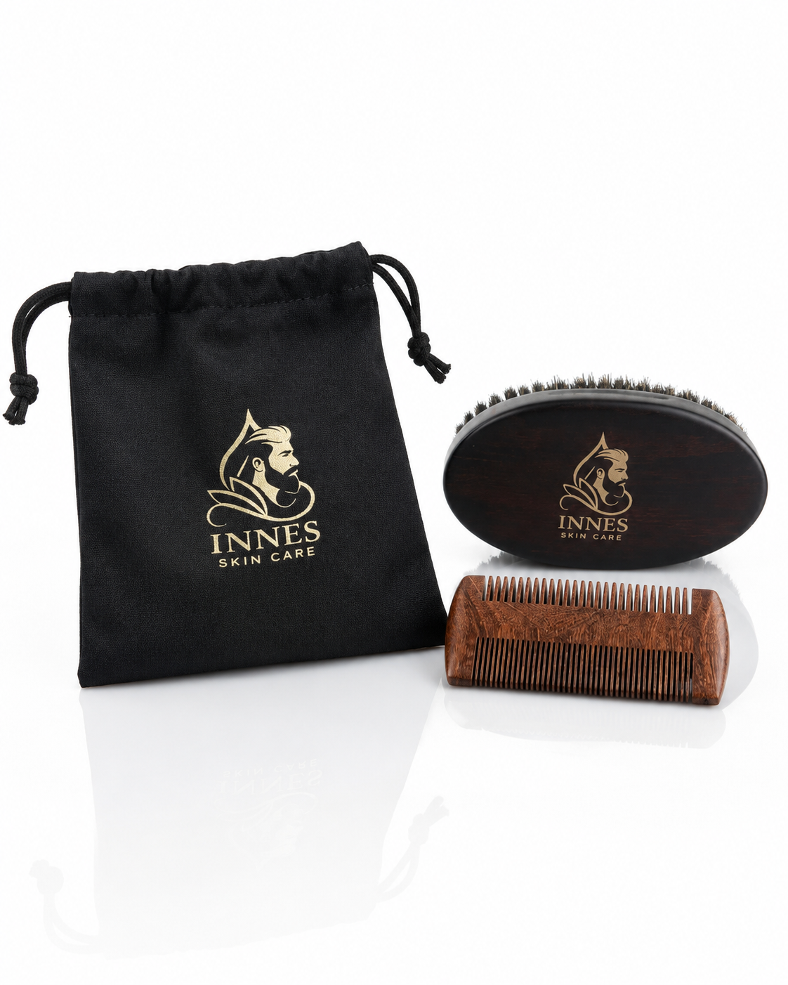 Innes Skin Care wooden beard brush and dual-sided beard comb with a black drawstring storage bag