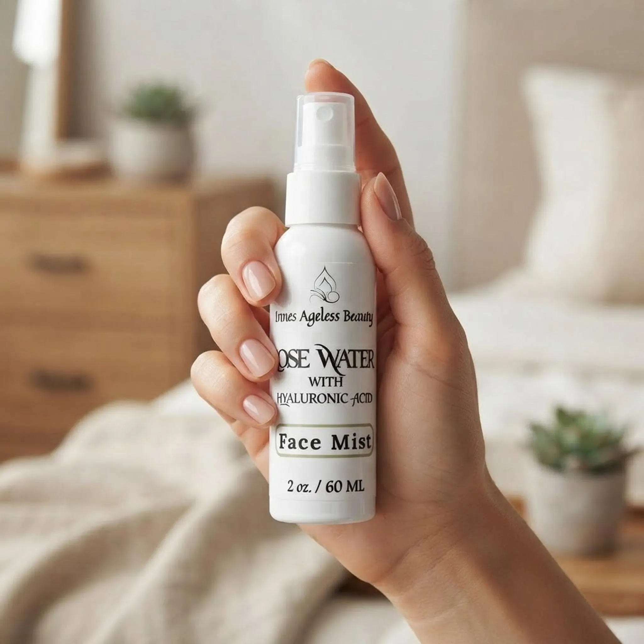 Person holding the 2 oz Rose Water Face Mist bottle to demonstrate scale and ease of use.