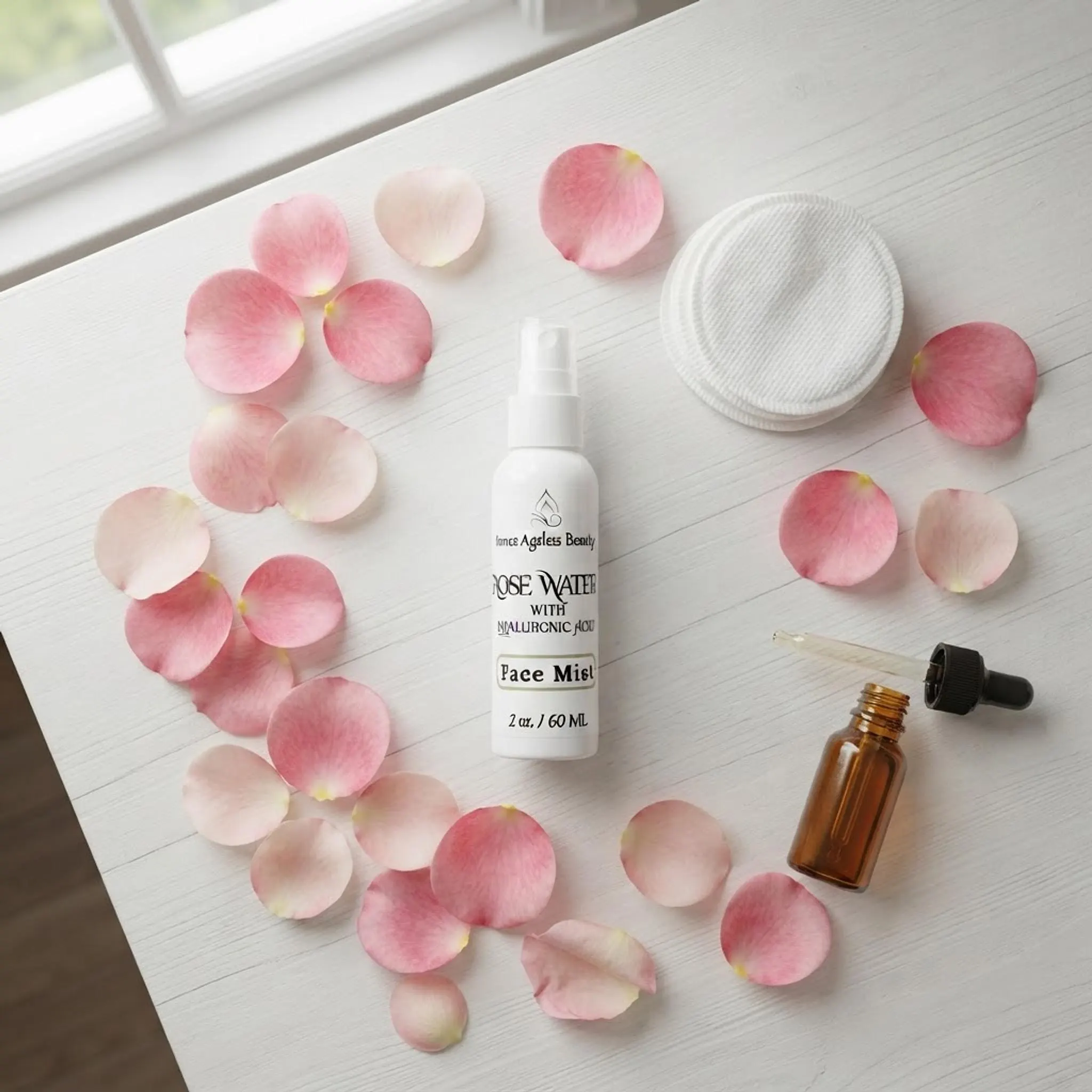 Overhead flat lay of Rose Water Face Mist with rose petals, cotton pads, and skincare items on a white surface.