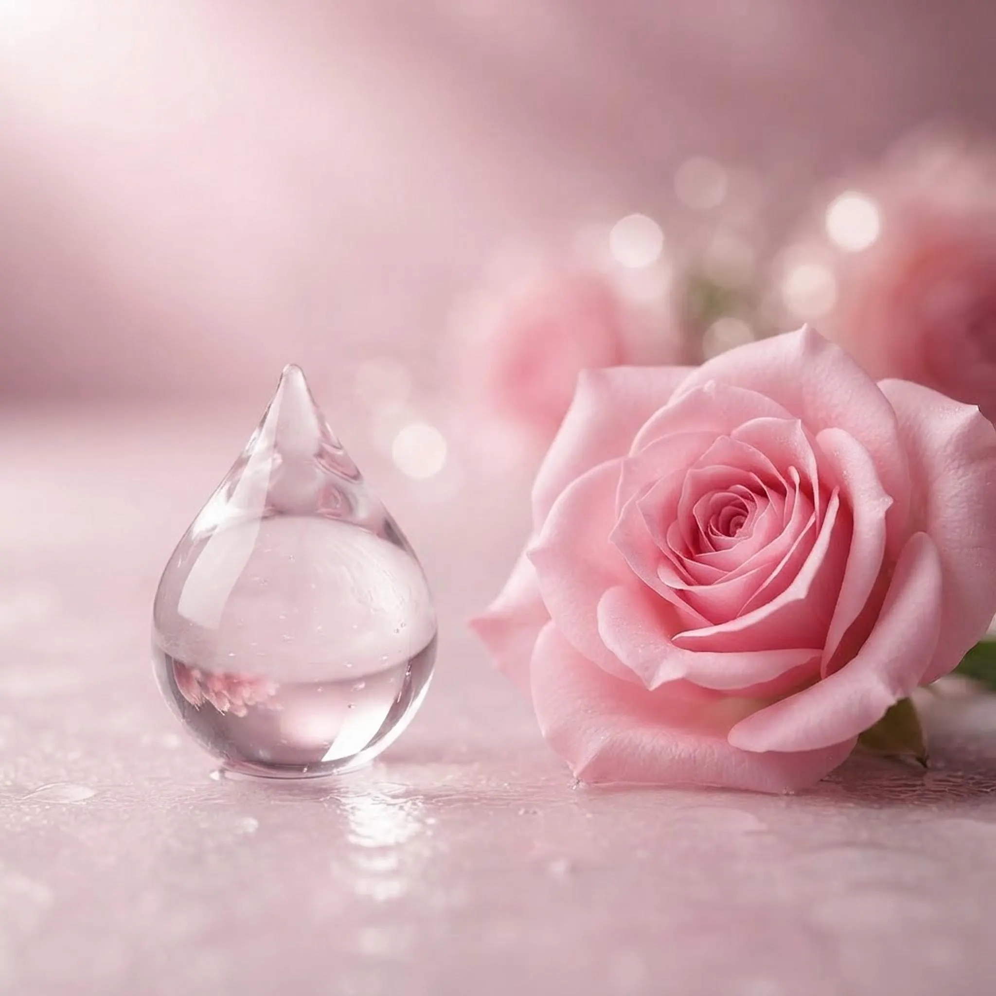 Macro close-up of fresh pink rose flower and clear moisture droplet representing natural botanical ingredients.