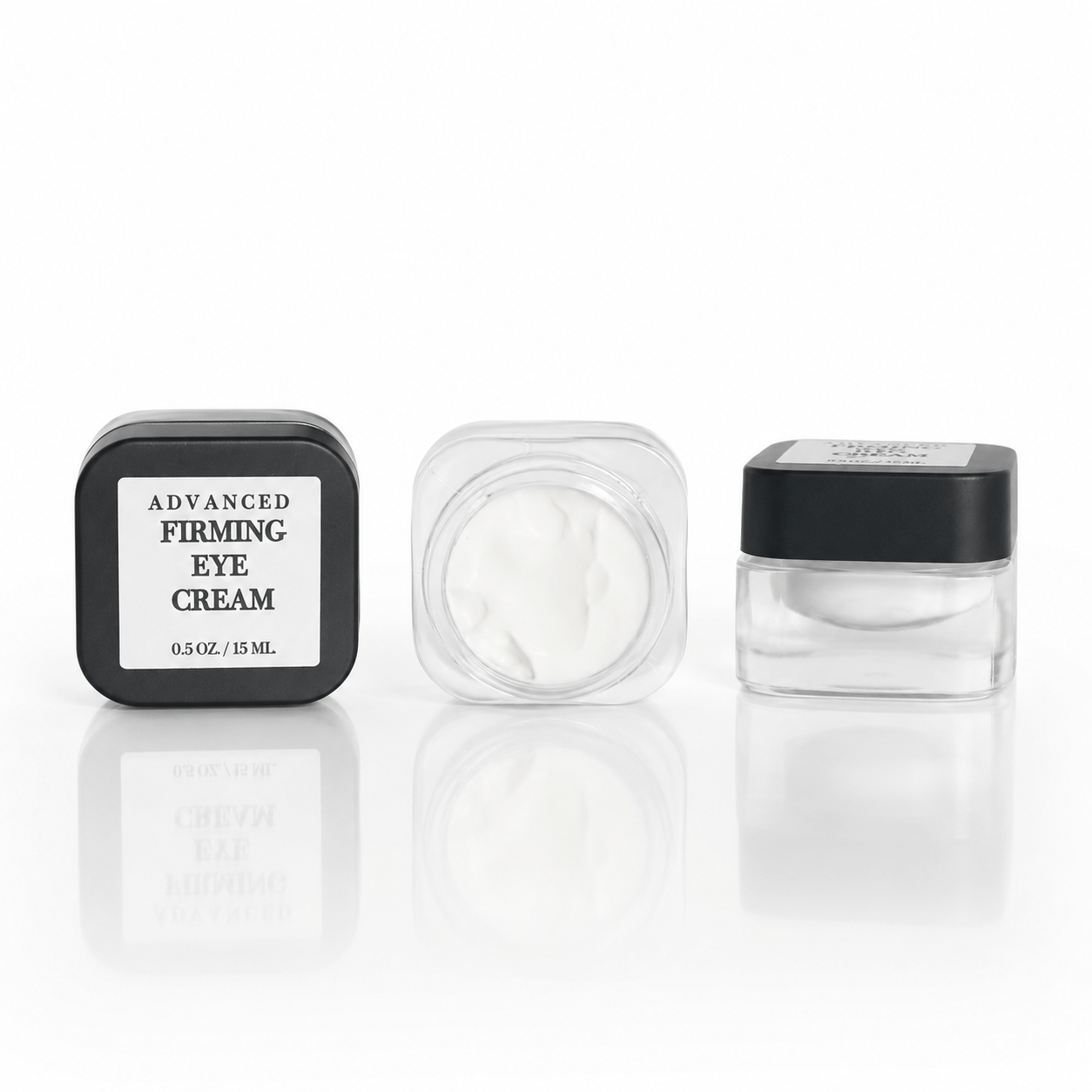 Innes Ageless Beauty Advanced Firming Eye Cream 0.5 oz shown closed, open and from the side on a white background