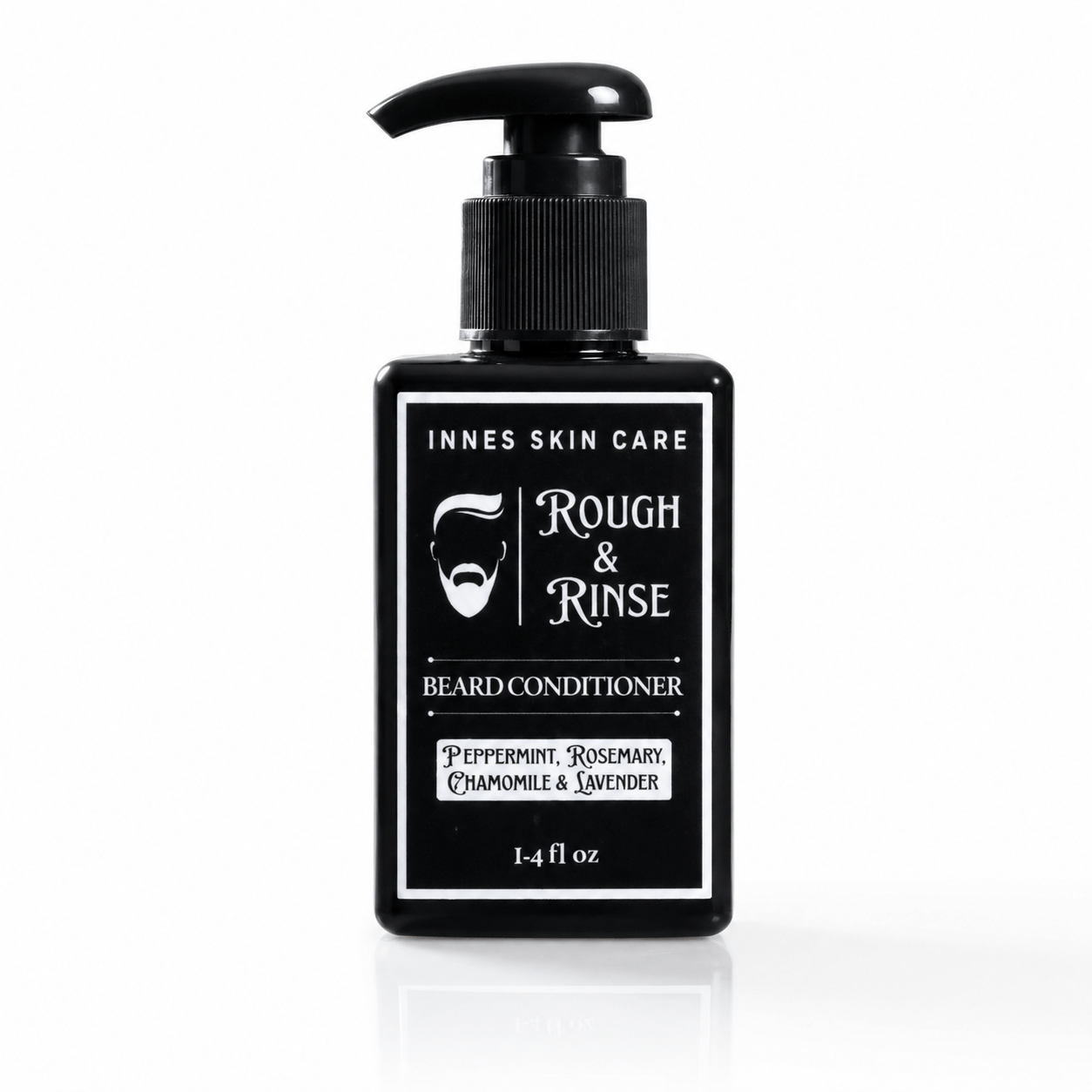 Innes Skin Care Rough & Rinse Beard Conditioner in a black pump bottle on a white background